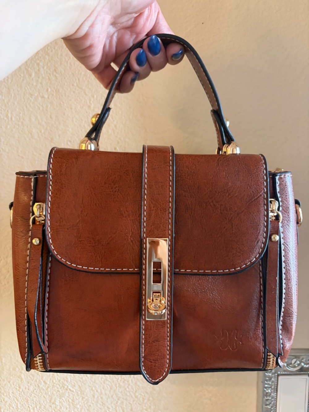 Parisian Chic Clair Structured Handbag Tan Leather Top-Handle with Gold Hardware
